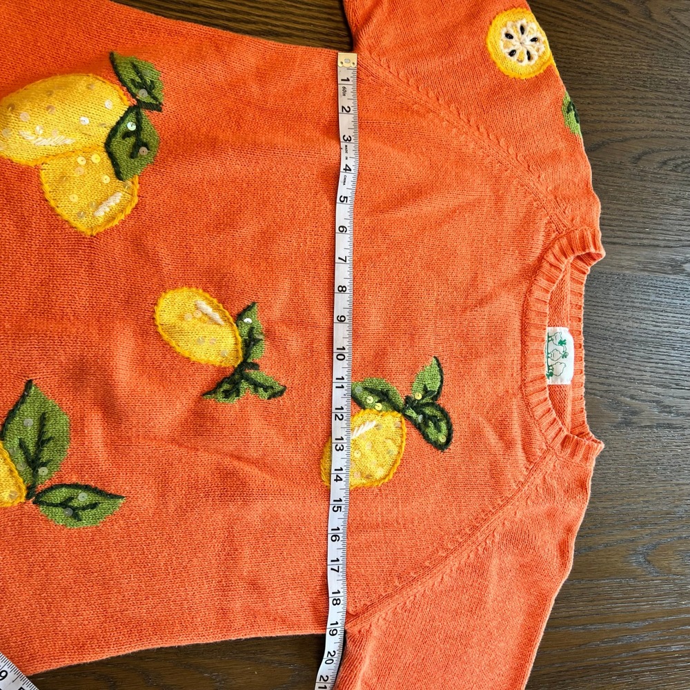 Quacker Factory Knit Top Ramie Cotton Lemon Applique Cottagecore Orange M - Picture 5 of 9